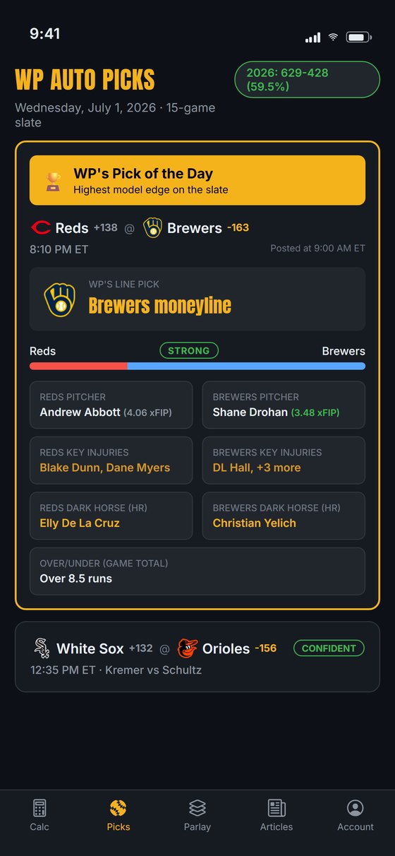 WP Baseball Predictor iPhone app showing the daily picks screen