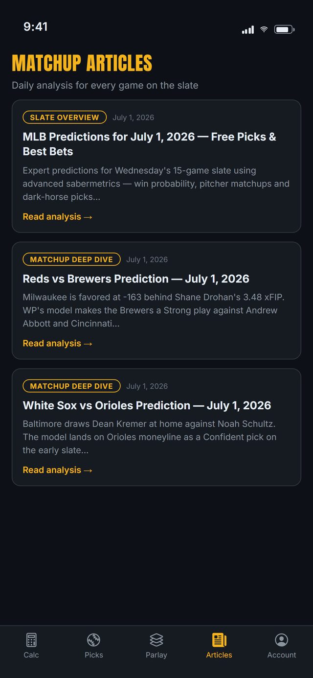 WP Baseball Predictor app: daily MLB analysis articles